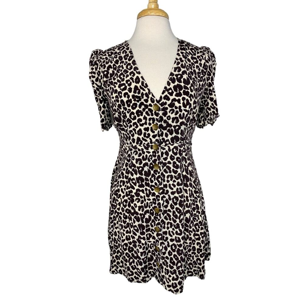 SOMETHING NAVY Leopard Button Up Viscose Mini Dress Puff Sleeve Size Medium